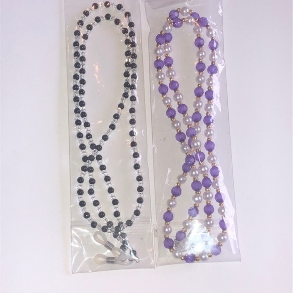 Lot of 2 Beaded Black & Clear Purple & Faux Pearl Boho Eye Glass Holders